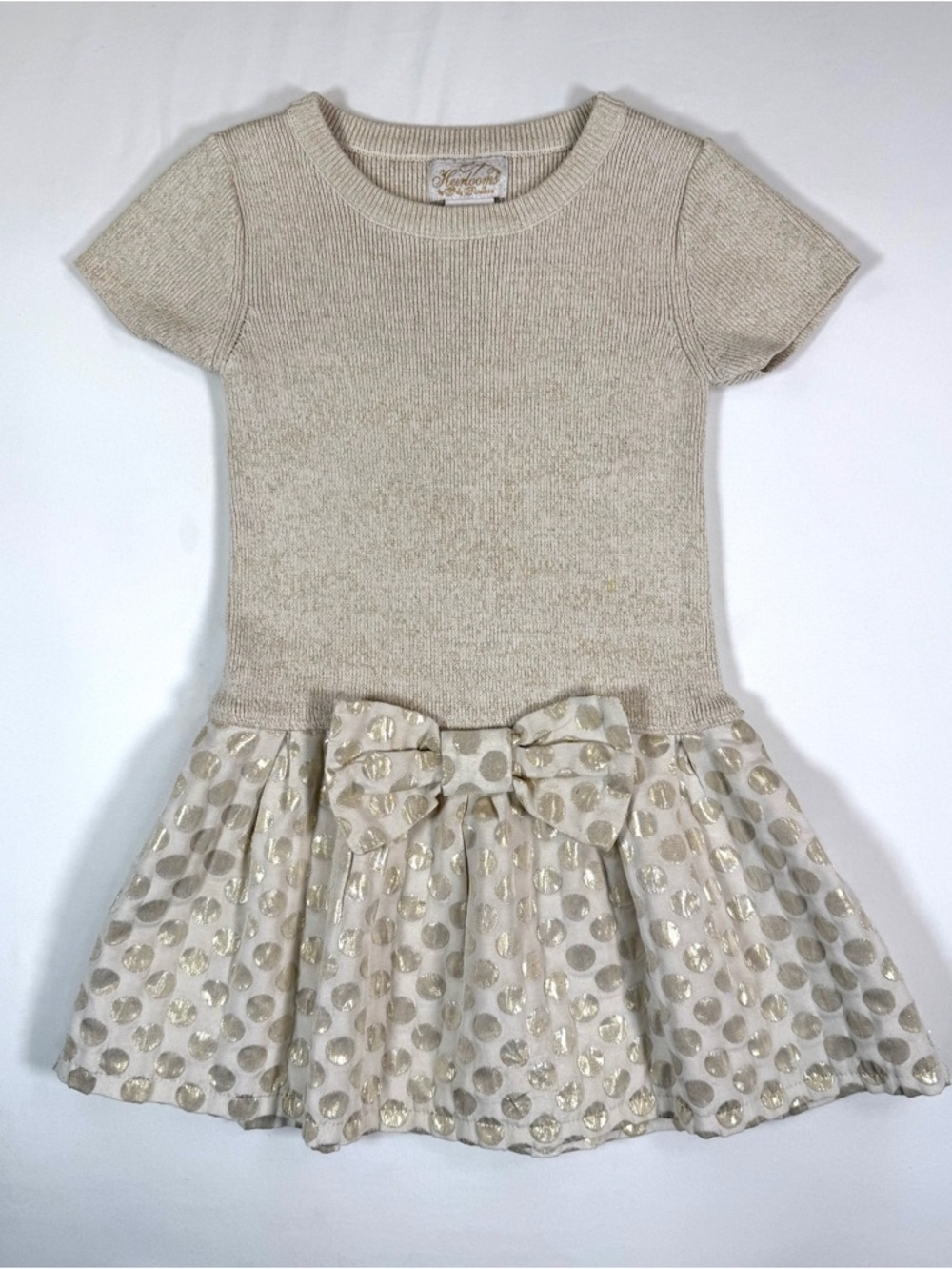 HEIRLOOMS By Polly Flinders Girls Dress Size 5/6 Medium Gold Polka Dot Bow‎ Knit